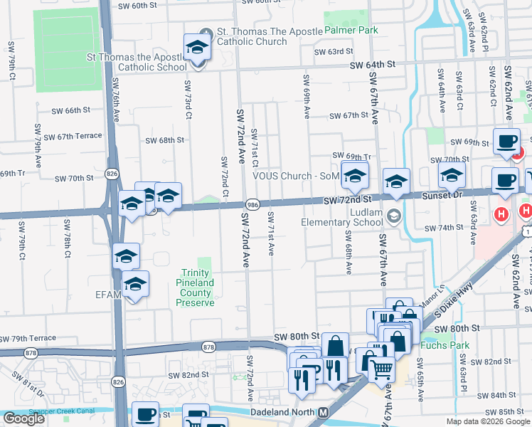 map of restaurants, bars, coffee shops, grocery stores, and more near 7100 Sunset Drive in Miami