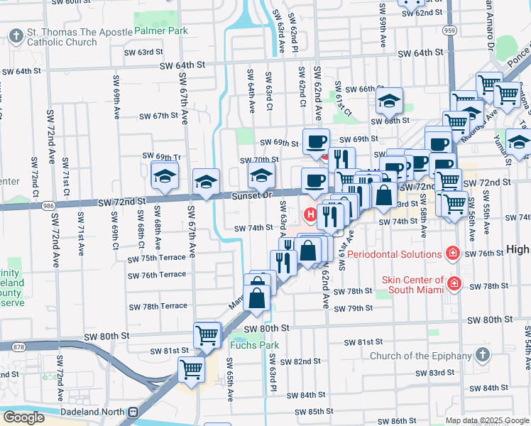 map of restaurants, bars, coffee shops, grocery stores, and more near 7333 Southwest 63rd Court in South Miami