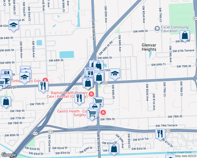 map of restaurants, bars, coffee shops, grocery stores, and more near 8645 Sunset Drive in Miami