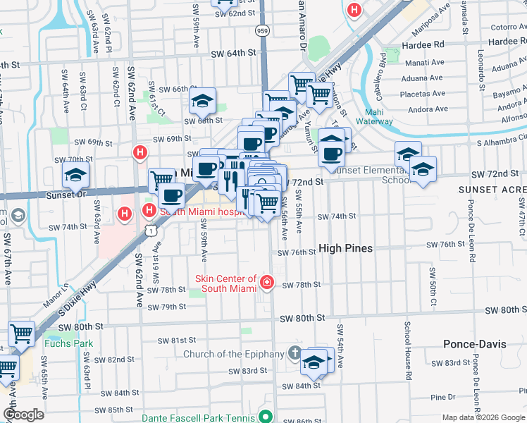 map of restaurants, bars, coffee shops, grocery stores, and more near 5730 Southwest 74th Street in South Miami