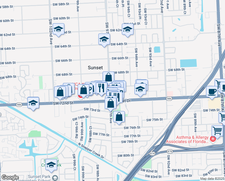 map of restaurants, bars, coffee shops, grocery stores, and more near 7000 Southwest 97th Avenue in Miami