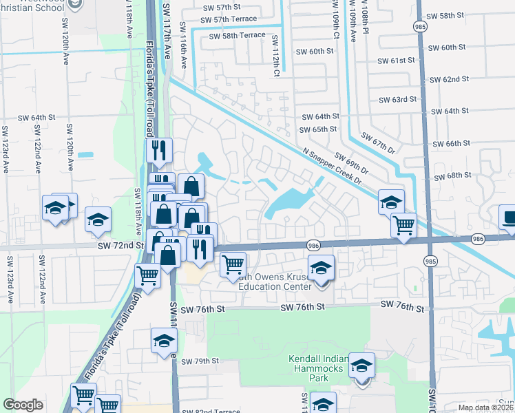 map of restaurants, bars, coffee shops, grocery stores, and more near 11343 Southwest 70th Terrace in Miami