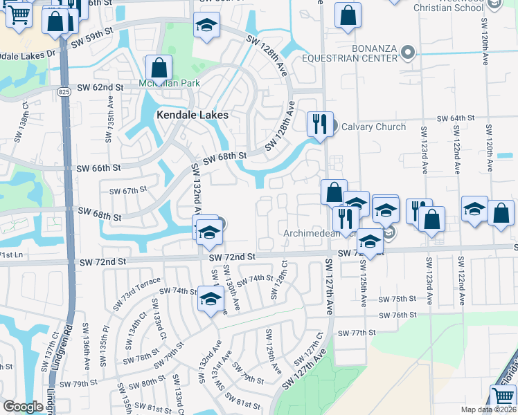 map of restaurants, bars, coffee shops, grocery stores, and more near 6931 Southwest 129th Avenue in Miami