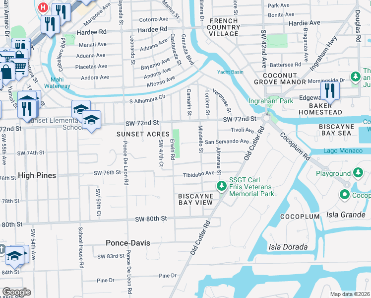 map of restaurants, bars, coffee shops, grocery stores, and more near 4680 Southwest 74th Street in Coral Gables