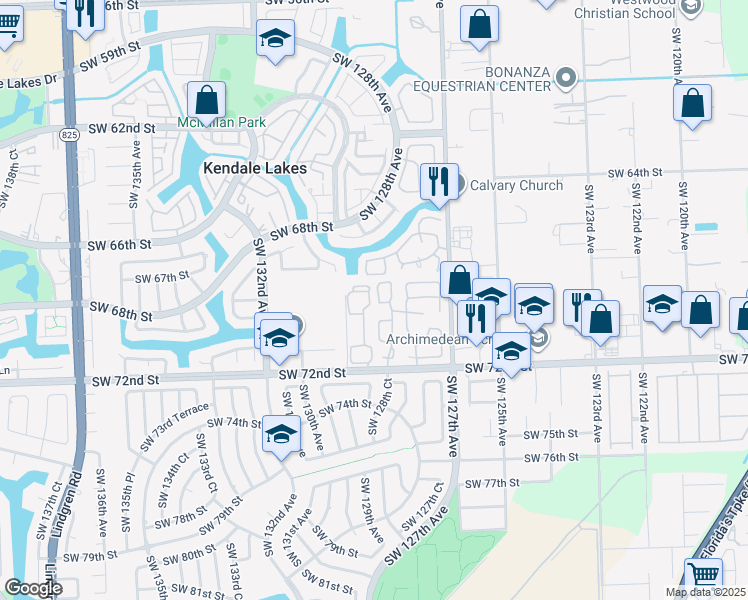 map of restaurants, bars, coffee shops, grocery stores, and more near 6922 Southwest 128th Place in Miami