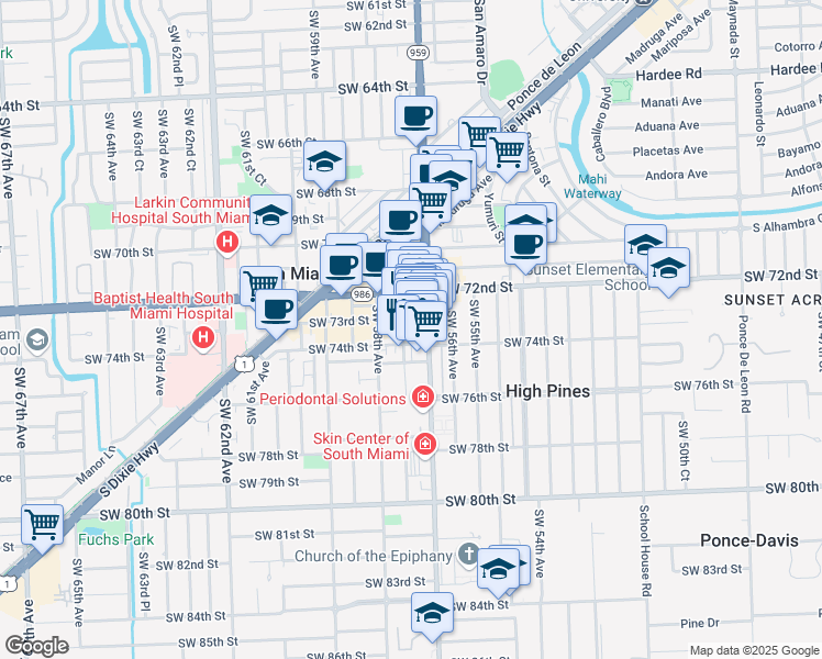 map of restaurants, bars, coffee shops, grocery stores, and more near 5730 Southwest 74th Street in South Miami