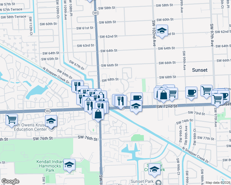 map of restaurants, bars, coffee shops, grocery stores, and more near 7016 Southwest 103rd Place in Miami