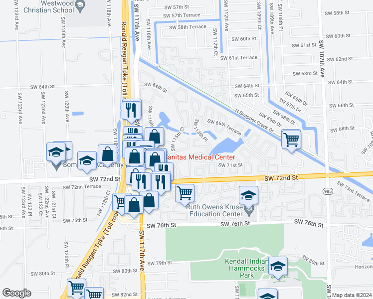 map of restaurants, bars, coffee shops, grocery stores, and more near 7014 Southwest 114th Place in Miami