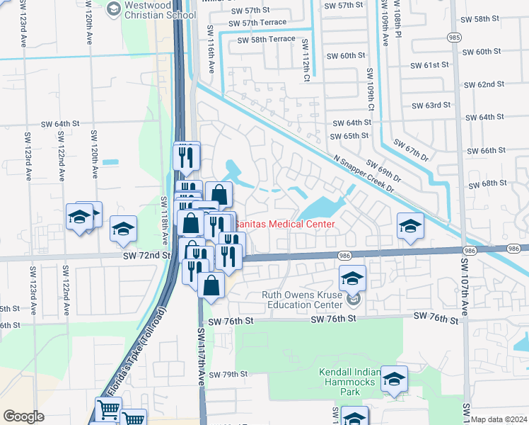map of restaurants, bars, coffee shops, grocery stores, and more near 6924 Southwest 114th Place in Miami