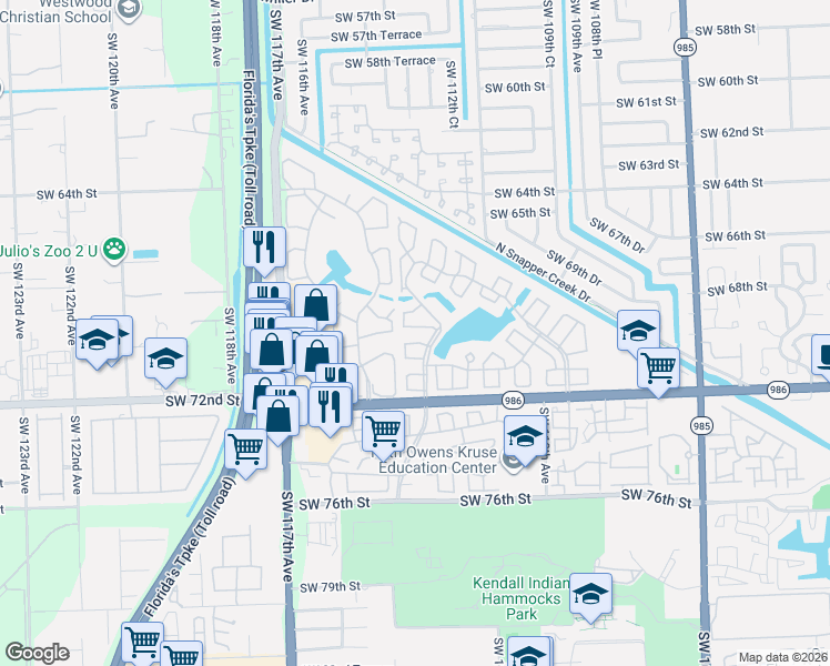 map of restaurants, bars, coffee shops, grocery stores, and more near 11343 Southwest 70th Terrace in Miami