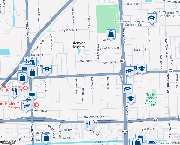 map of restaurants, bars, coffee shops, grocery stores, and more near 7200 Southwest 79th Court in Miami
