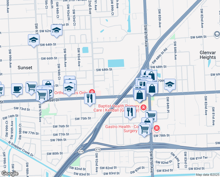 map of restaurants, bars, coffee shops, grocery stores, and more near 8971 Sunset Drive in Miami