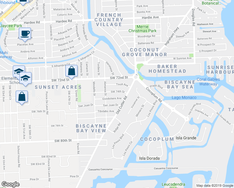 map of restaurants, bars, coffee shops, grocery stores, and more near 461 San Servando Avenue in Coral Gables