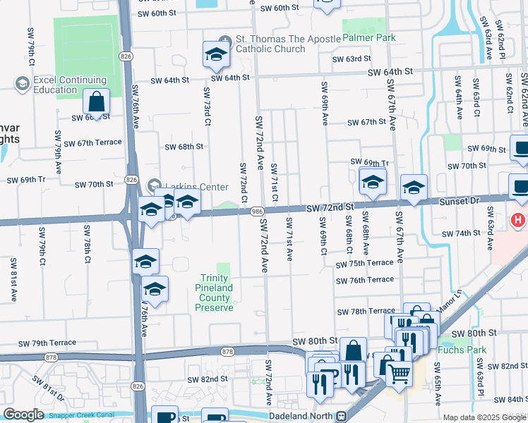 map of restaurants, bars, coffee shops, grocery stores, and more near 7215 Sunset Drive in Miami