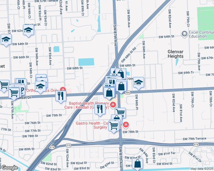 map of restaurants, bars, coffee shops, grocery stores, and more near 7000 Southwest 87th Court in Miami