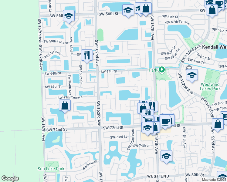 map of restaurants, bars, coffee shops, grocery stores, and more near 6610 Southwest 159th Place in Miami