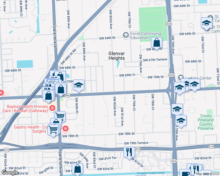 map of restaurants, bars, coffee shops, grocery stores, and more near 7030 Southwest 82nd Avenue in Miami