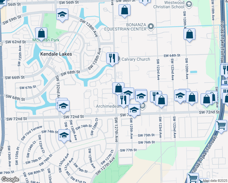 map of restaurants, bars, coffee shops, grocery stores, and more near 6801 Southwest 127th Court in Miami