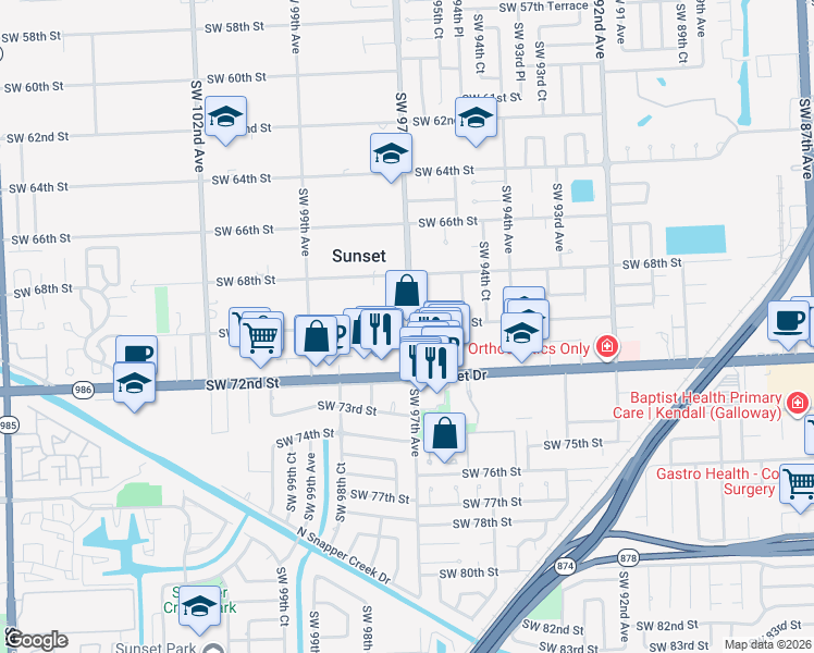 map of restaurants, bars, coffee shops, grocery stores, and more near 6940 Southwest 97th Avenue in Miami