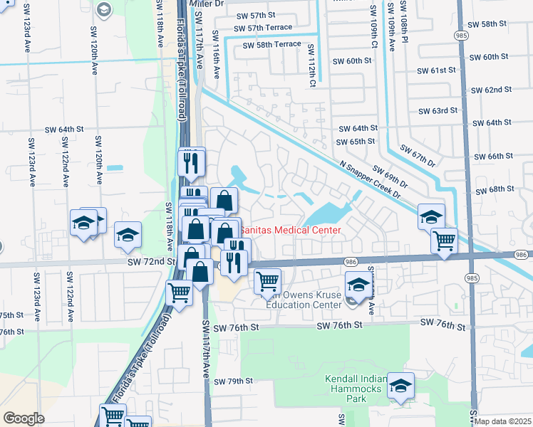 map of restaurants, bars, coffee shops, grocery stores, and more near 6804 Southwest 114th Place in Miami