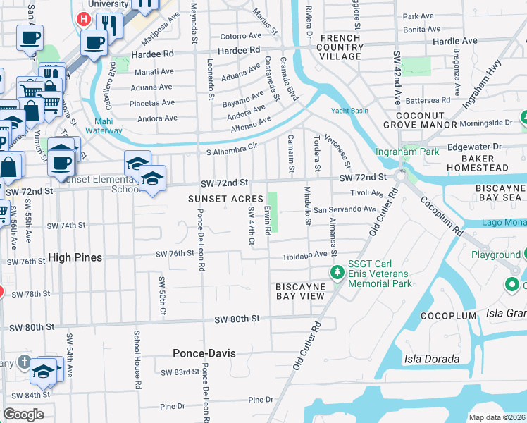 map of restaurants, bars, coffee shops, grocery stores, and more near 4701 Southwest 74th Street in Miami