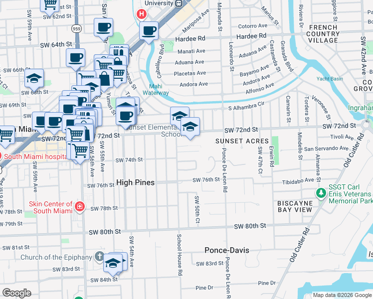 map of restaurants, bars, coffee shops, grocery stores, and more near 7236 School House Road in Miami