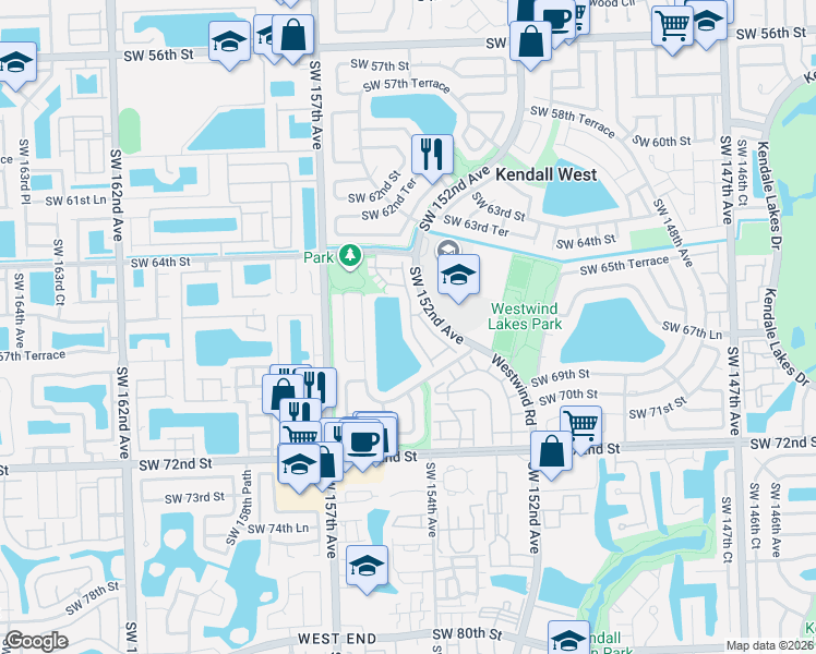 map of restaurants, bars, coffee shops, grocery stores, and more near 6590 Southwest 152nd Place in Miami