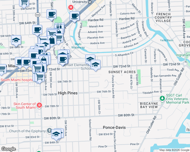 map of restaurants, bars, coffee shops, grocery stores, and more near 5120 Sunset Drive in Miami