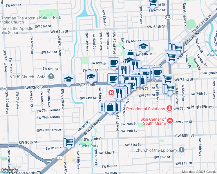 map of restaurants, bars, coffee shops, grocery stores, and more near 6262 Sunset Drive in South Miami