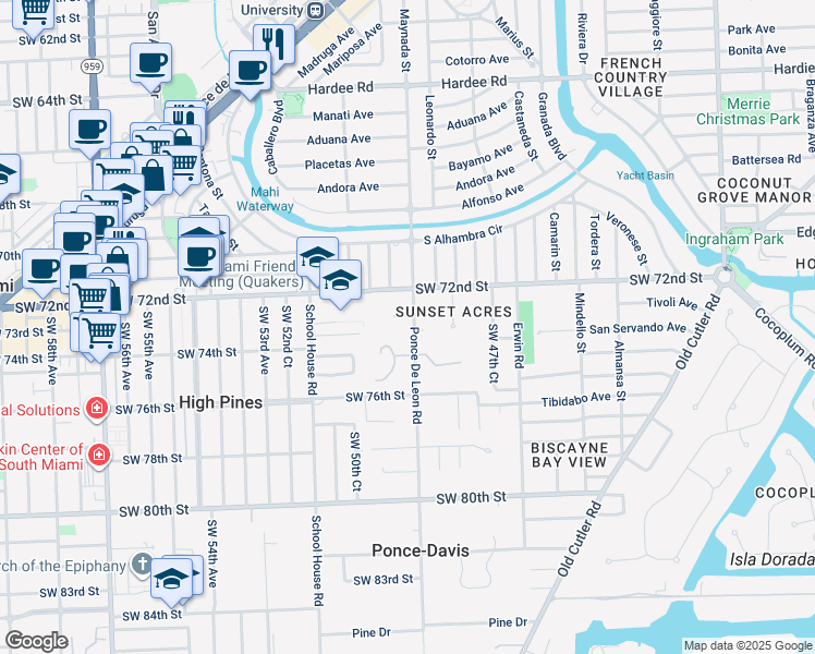 map of restaurants, bars, coffee shops, grocery stores, and more near 4940 Sunset Drive in Miami