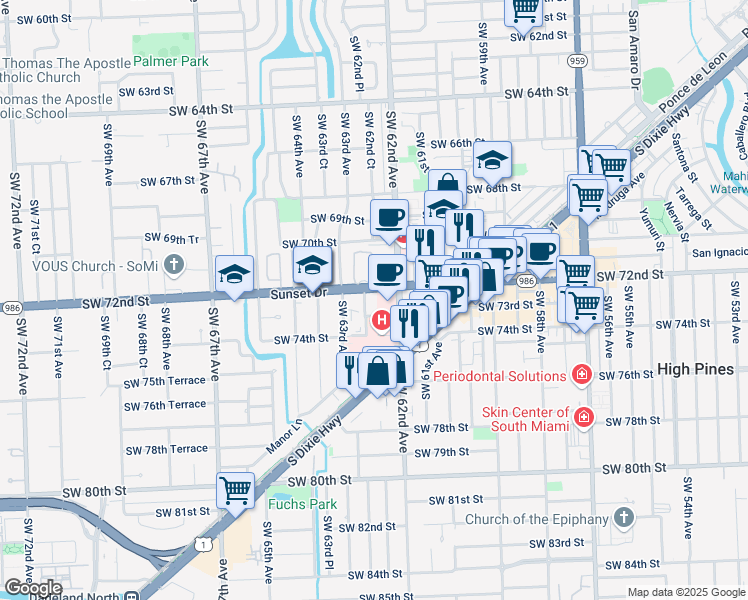 map of restaurants, bars, coffee shops, grocery stores, and more near 6280 Southwest 72nd Street in Miami