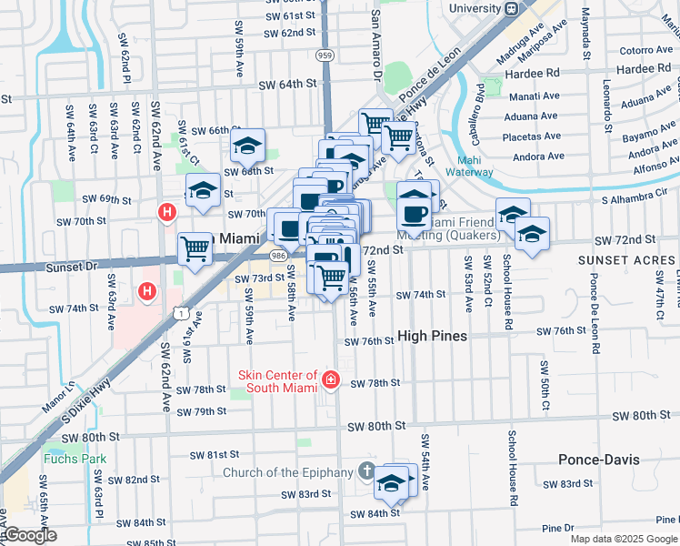 map of restaurants, bars, coffee shops, grocery stores, and more near 7230 Southwest 56th Avenue in Miami