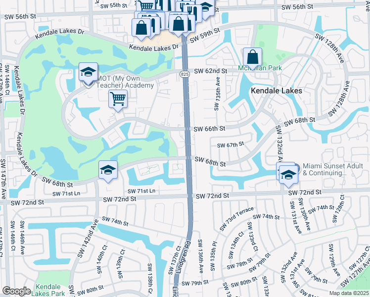 map of restaurants, bars, coffee shops, grocery stores, and more near 6735 Southwest 137th Court in Miami