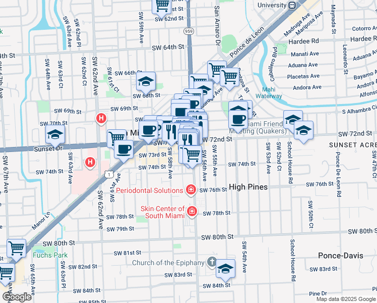 map of restaurants, bars, coffee shops, grocery stores, and more near 7227 Southwest 57th Court in South Miami