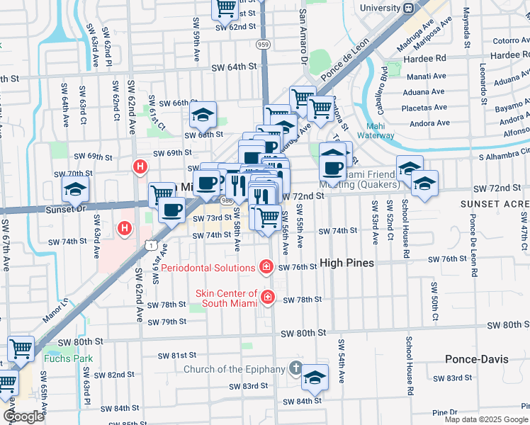 map of restaurants, bars, coffee shops, grocery stores, and more near 7227 Southwest 57th Court in South Miami