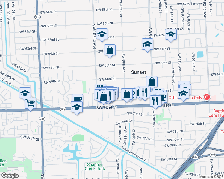 map of restaurants, bars, coffee shops, grocery stores, and more near 9981 Southwest 70th Street in Miami