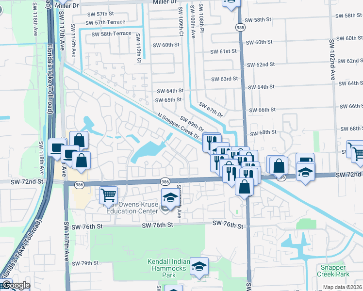 map of restaurants, bars, coffee shops, grocery stores, and more near 11009 Southwest 69th Terrace in Miami