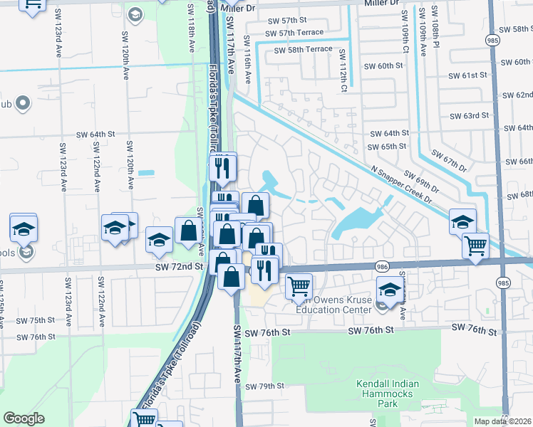 map of restaurants, bars, coffee shops, grocery stores, and more near 6805 Southwest 116th Court in Miami