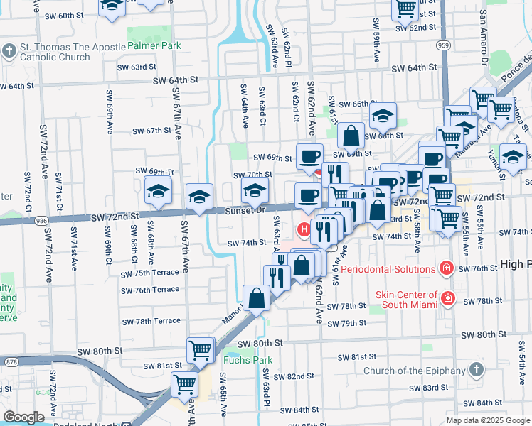 map of restaurants, bars, coffee shops, grocery stores, and more near 6320 SW 72nd St in South Miami