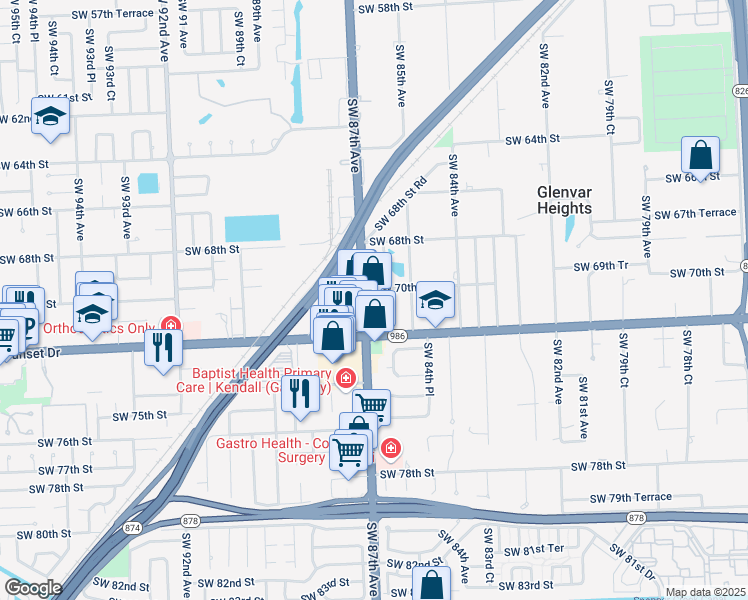 map of restaurants, bars, coffee shops, grocery stores, and more near 7001 Southwest 87th Avenue in Miami