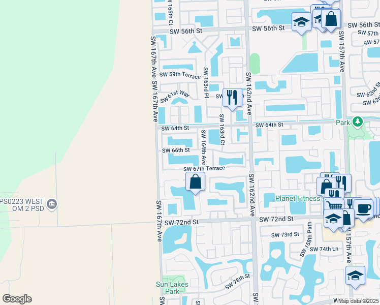 map of restaurants, bars, coffee shops, grocery stores, and more near 16460 Southwest 66th Street in Miami