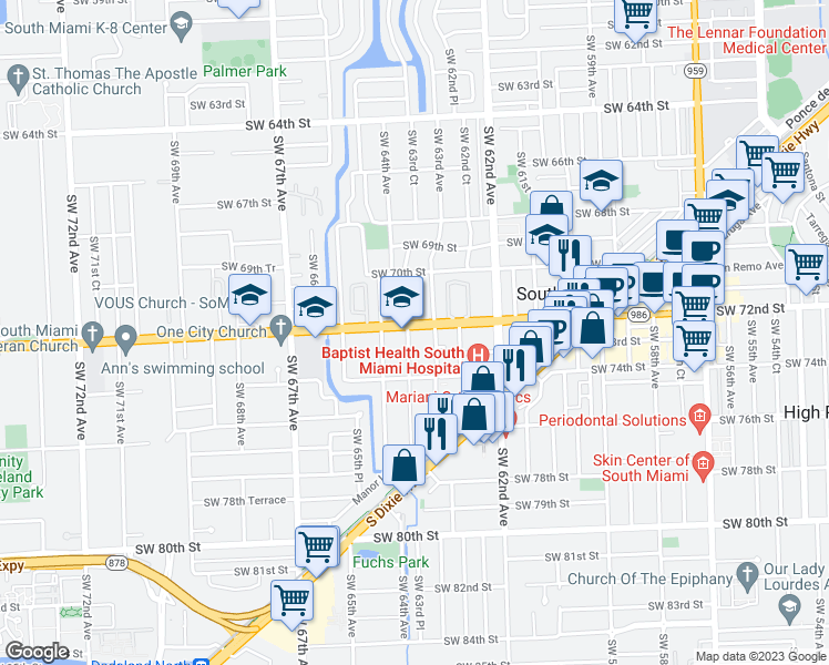 map of restaurants, bars, coffee shops, grocery stores, and more near 6320 Southwest 72nd Street in South Miami
