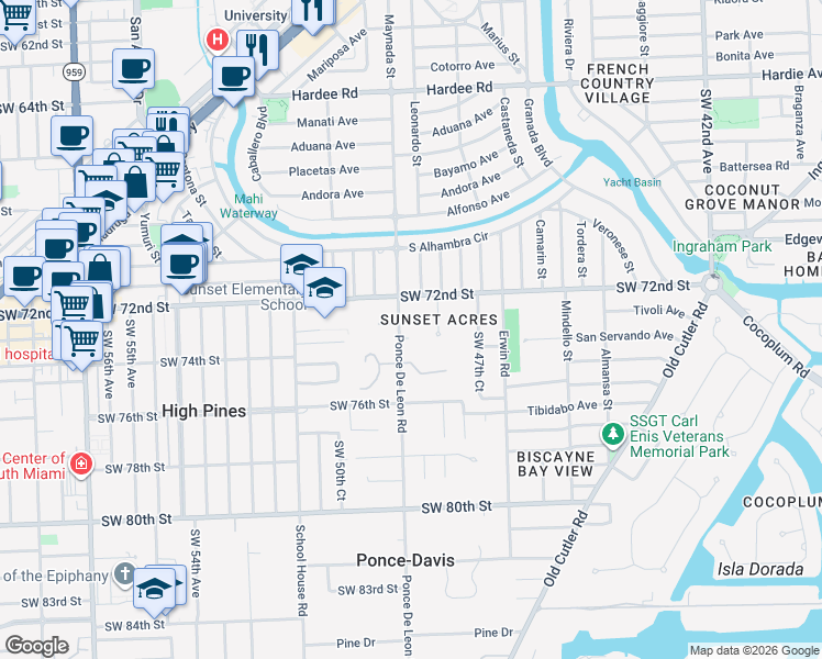 map of restaurants, bars, coffee shops, grocery stores, and more near 7301 Ponce De Leon Road in Miami