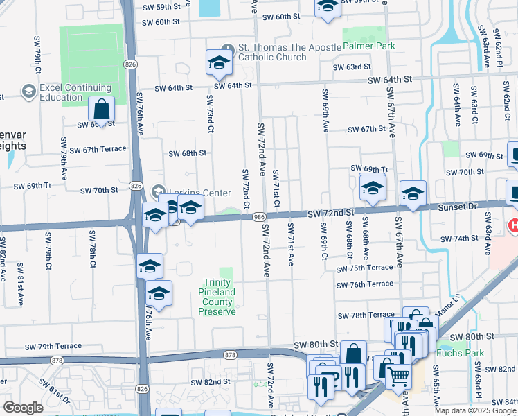 map of restaurants, bars, coffee shops, grocery stores, and more near 7215 Sunset Drive in Miami