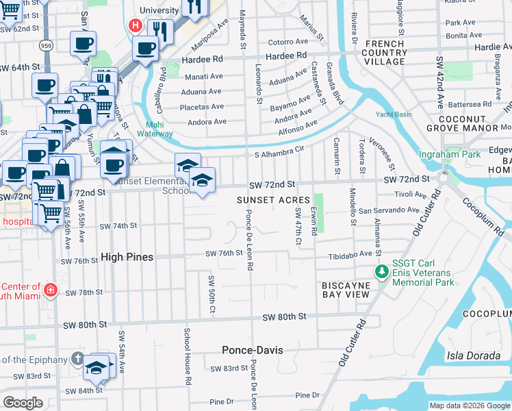 map of restaurants, bars, coffee shops, grocery stores, and more near 7301 Ponce De Leon Road in Miami