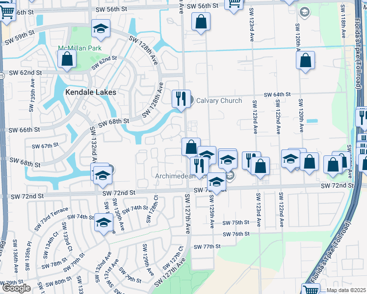 map of restaurants, bars, coffee shops, grocery stores, and more near 6801 Southwest 127th Court in Miami