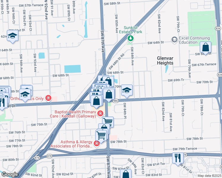 map of restaurants, bars, coffee shops, grocery stores, and more near 7001 Southwest 87th Avenue in Miami
