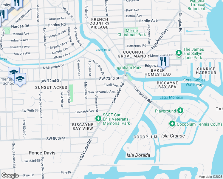 map of restaurants, bars, coffee shops, grocery stores, and more near 441 San Servando Avenue in Coral Gables