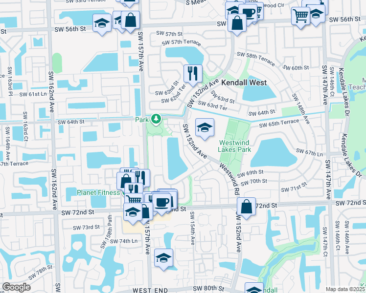 map of restaurants, bars, coffee shops, grocery stores, and more near 6550 Southwest 152nd Place in Miami