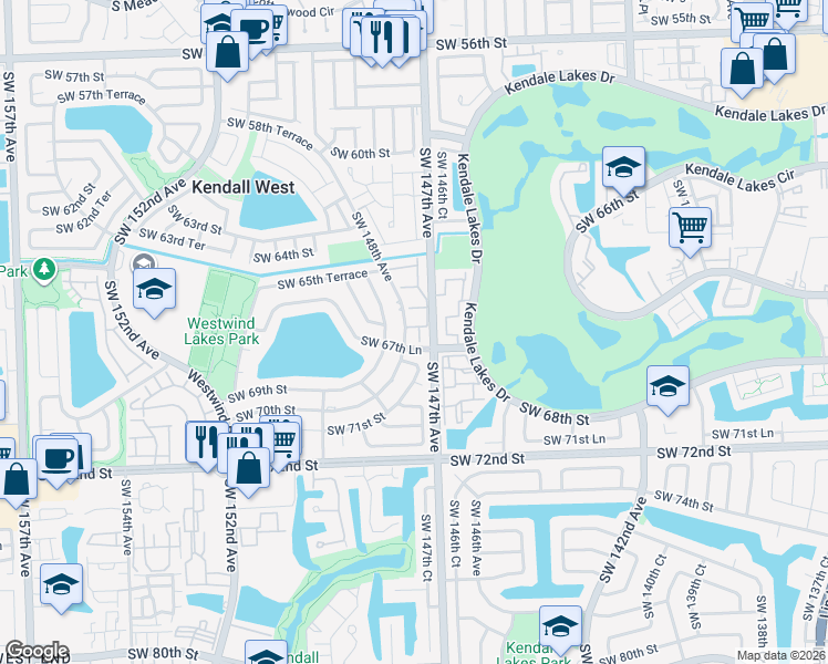 map of restaurants, bars, coffee shops, grocery stores, and more near 6700 Southwest 147th Court in Miami